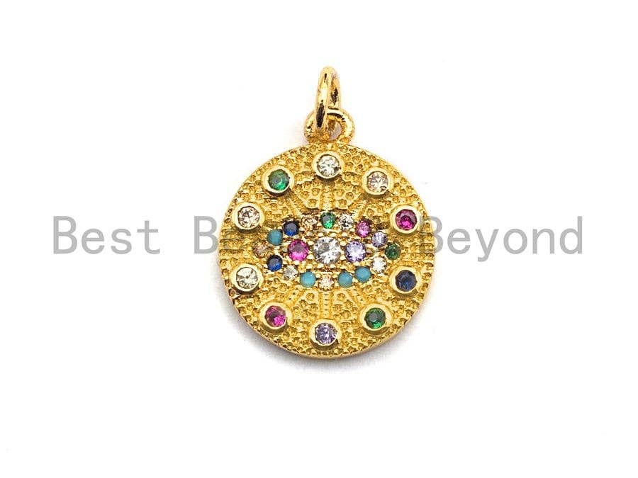 Colorful micro pave round gold pendant with evil eye design, coin-shaped, 15x17mm, gold plated charm from Bestbeads&Beyond.
