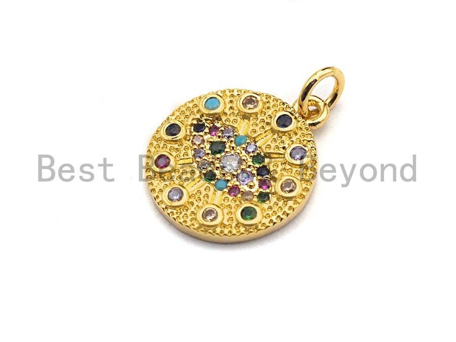 Colorful micro pave round gold pendant with evil eye design, coin shape, 15x17mm, gold plated charm from Bestbeads&Beyond.