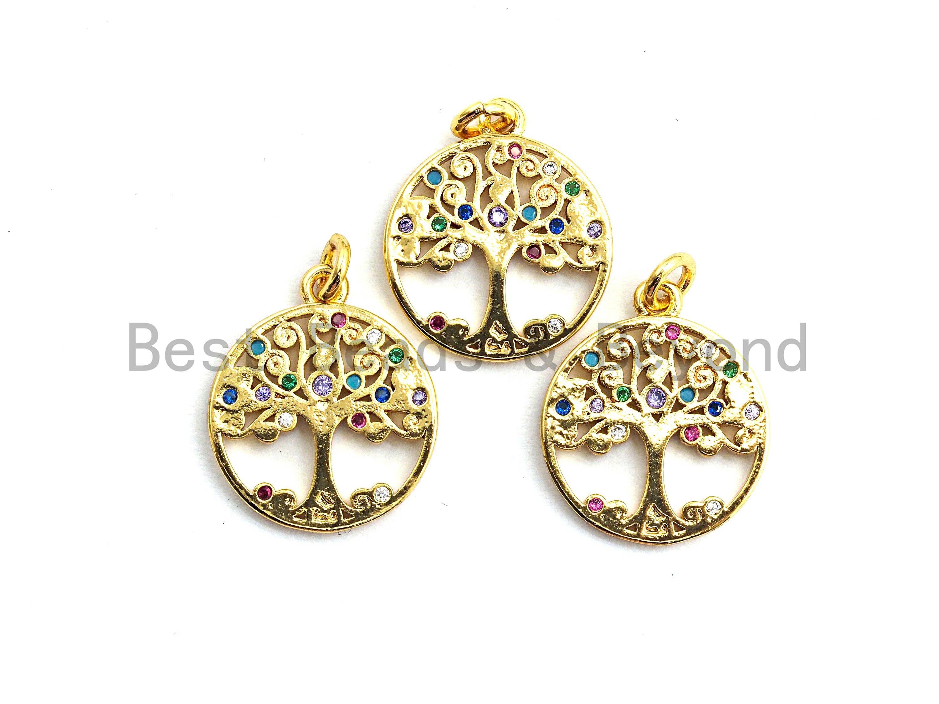 Gold-plated CZ colorful micro pave round pendant with tree design, 14x16mm charm for jewelry making.