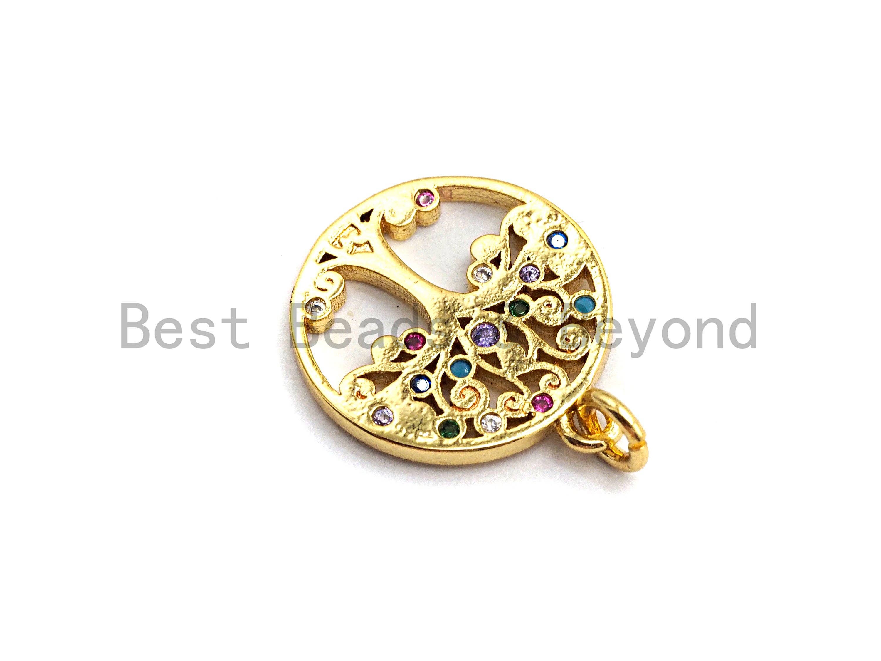 Gold-plated CZ colorful micro pave round pendant with tree charm, 14x16mm, perfect as an individual charm or pendant.