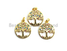 Gold-plated CZ colorful micro pave round pendant with tree charm, 14x16mm, ideal for jewelry making or as a decorative pendant.