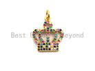 Colorful micro pave royal crown charm pendant in gold plating, crown-shaped, 17x15mm, ideal for jewelry making.
