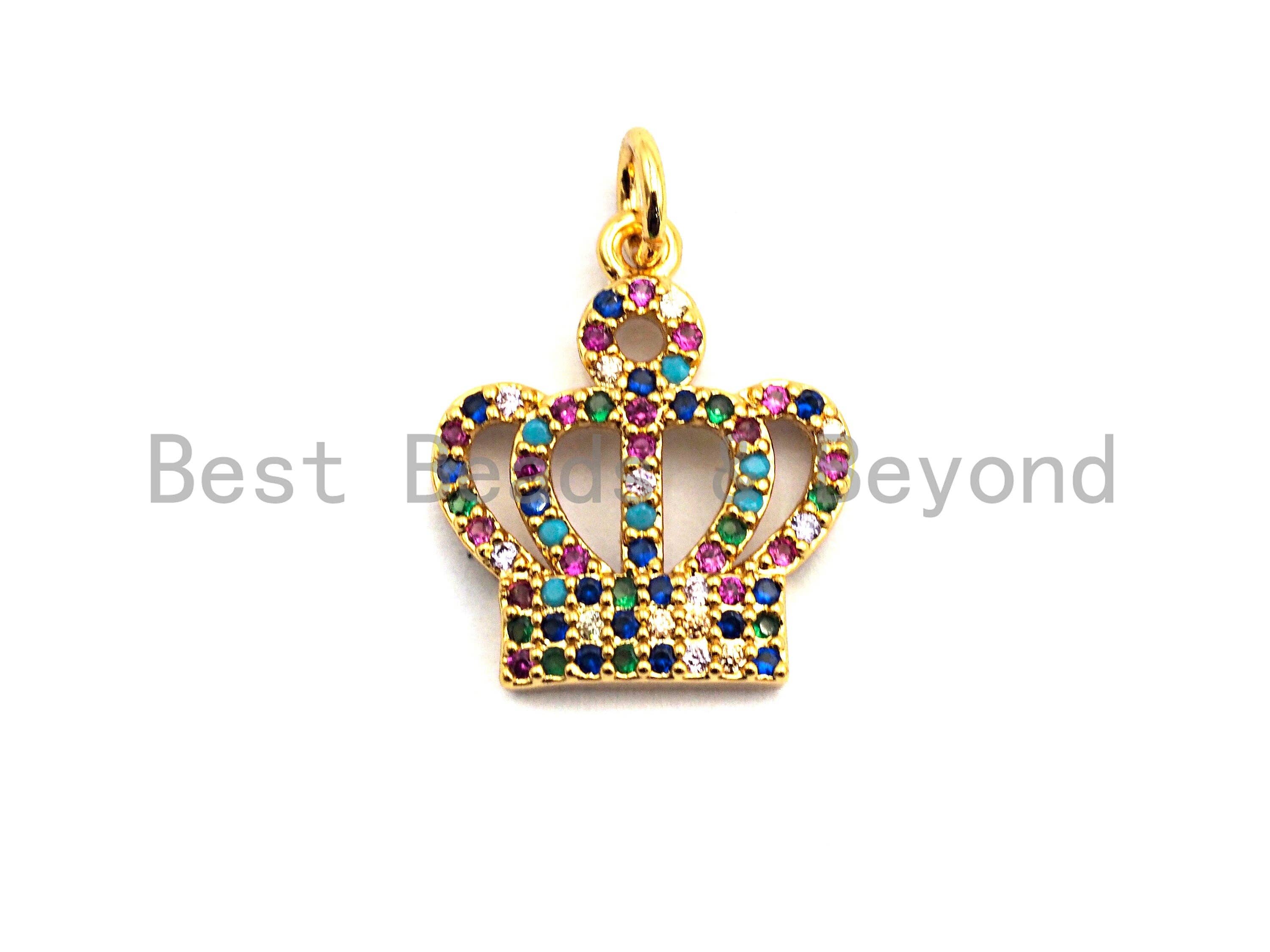 Colorful micro pave royal crown charm pendant in gold plating, crown-shaped, 17x15mm, ideal for jewelry making.