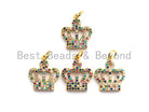Colorful CZ micro pave royal crown charm pendant, gold plated, crown-shaped, 17x15mm, ideal for jewelry making.