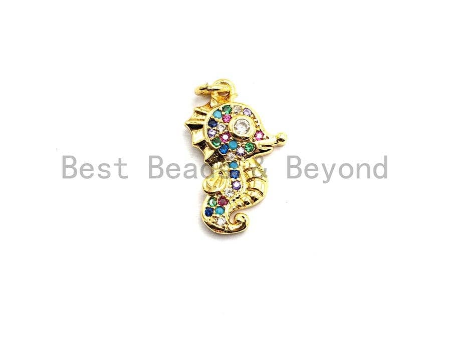Colorful micro pave sea horse pendant in gold plating, 12x19mm, featuring a detailed seahorse shape with vibrant stones.