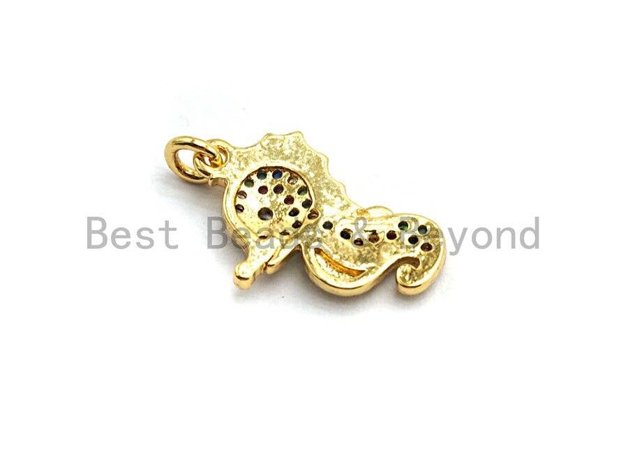 Colorful micro pave sea horse pendant in gold plating, 12x19mm, featuring vibrant CZ stones, from Bestbeads&Beyond.