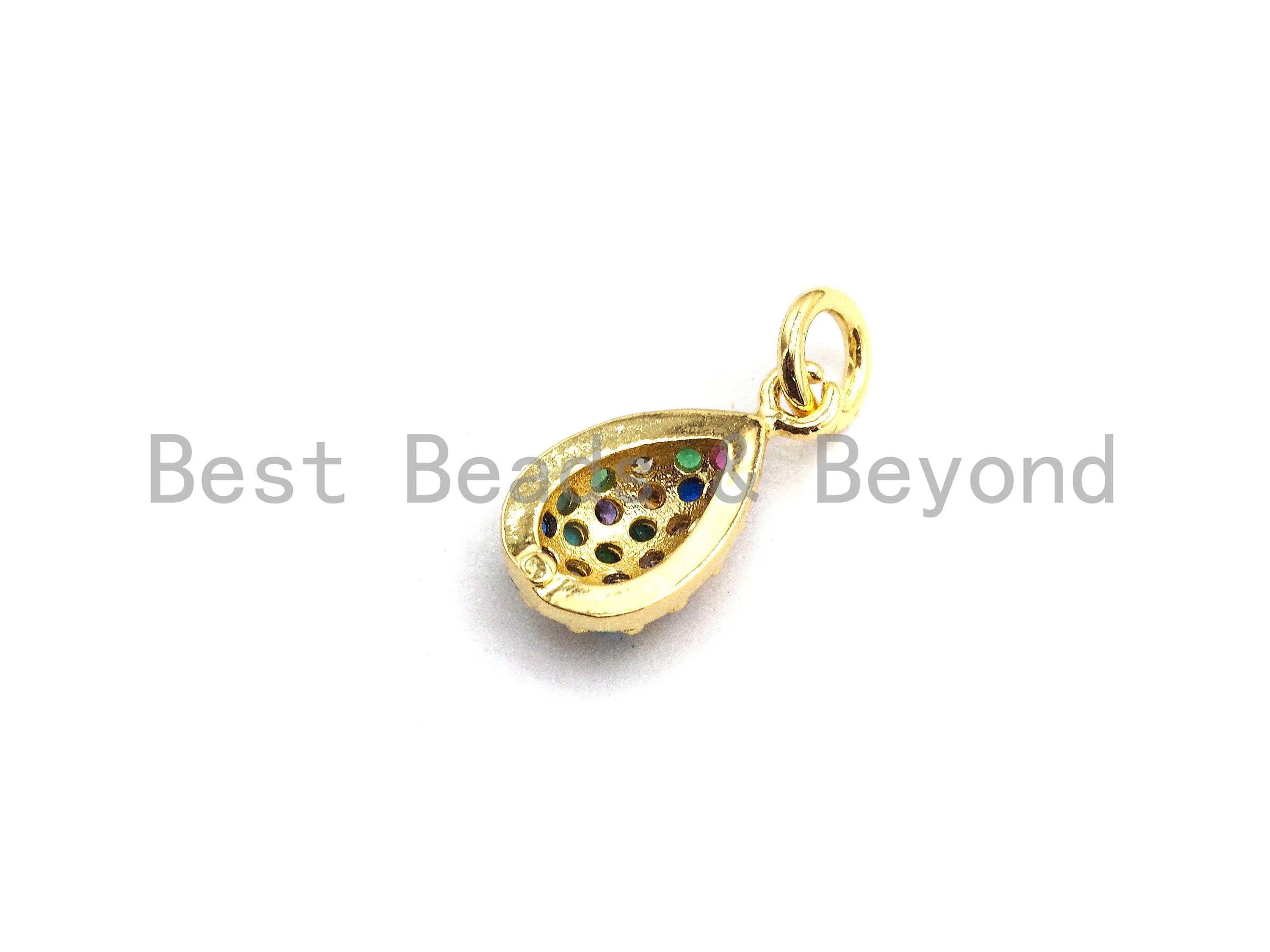 Colorful micro pave CZ teardrop pendant in gold plating, 7x13mm, featuring sparkling gemstones, ideal for jewelry making or necklaces.