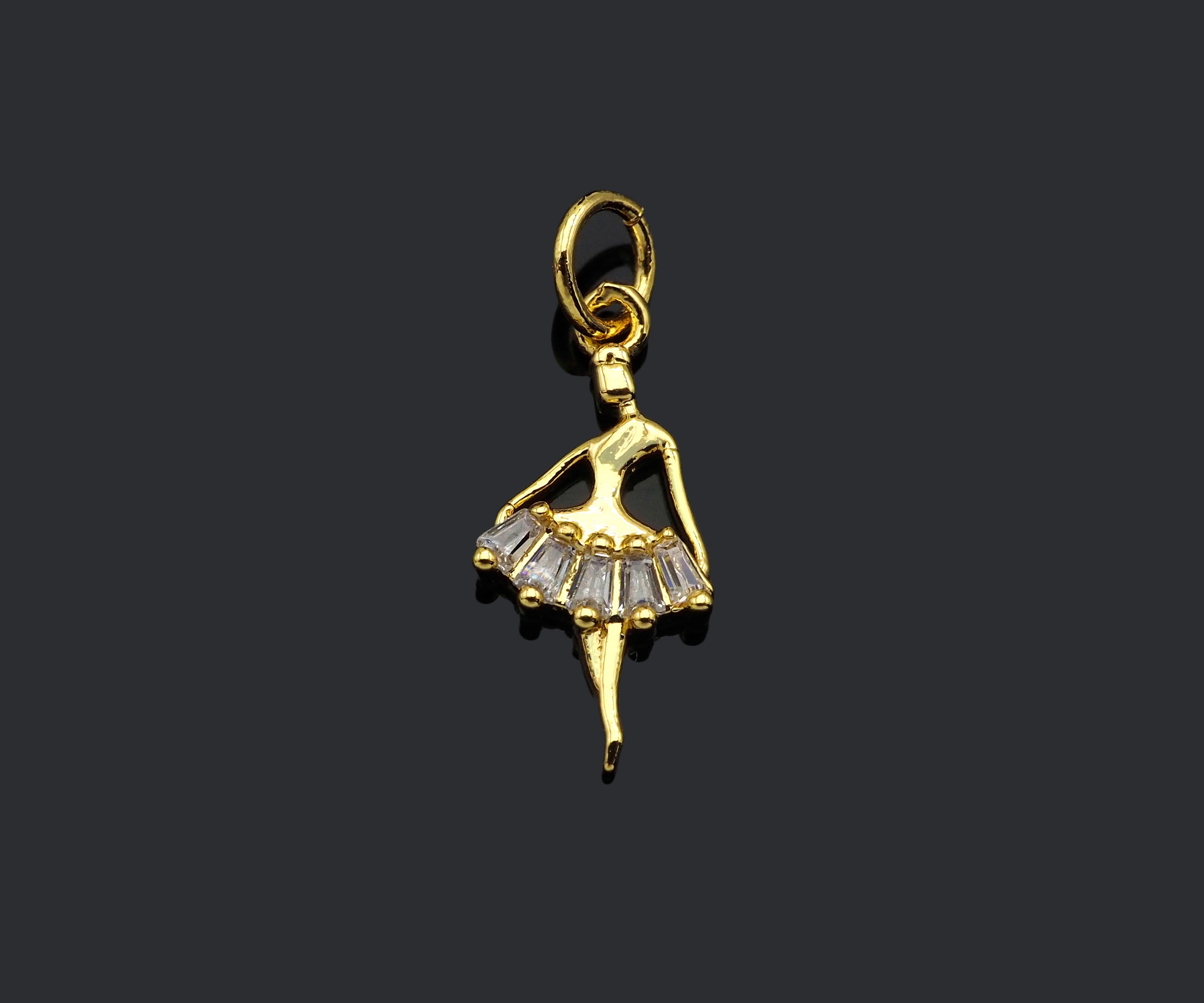 CZ Micro Pave Ballet Dancer Pendant, 18K gold charm bracelet and necklace accessory, 8x16mm dancing girl design.