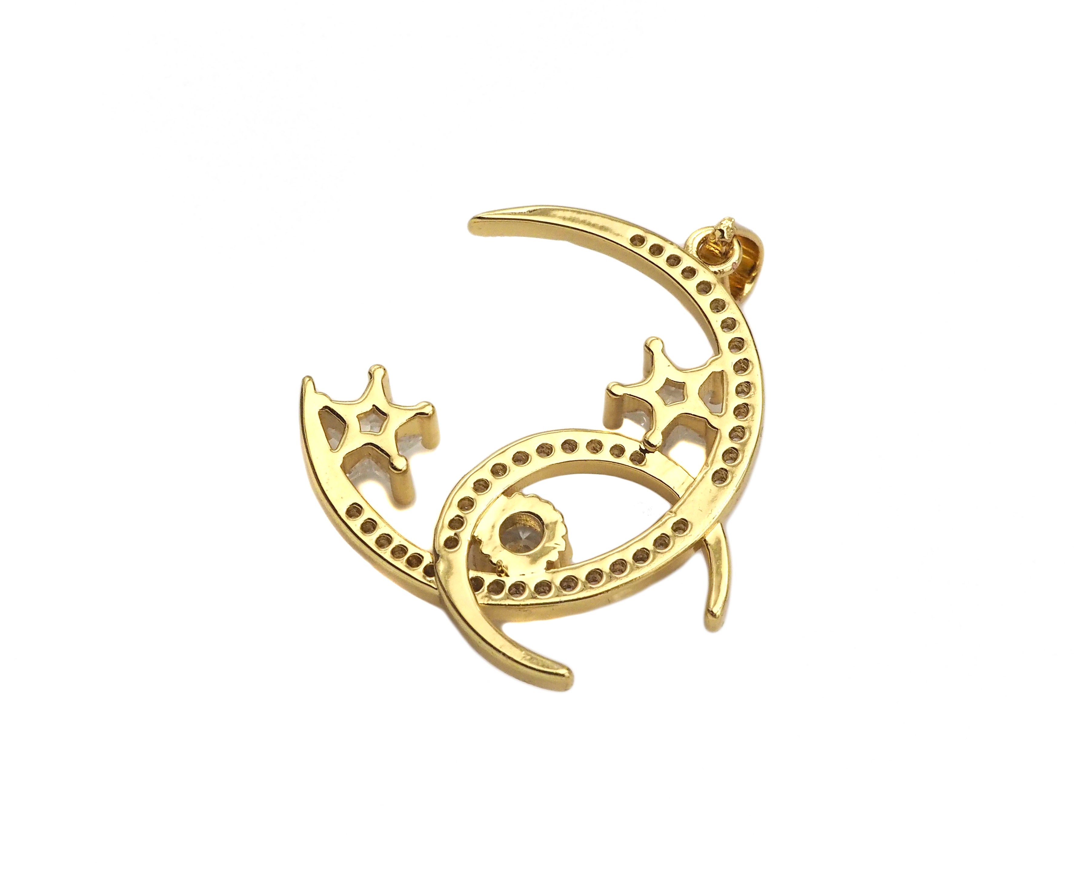 Gold CZ micro pave double crescent moon pendant with star shape, dainty charm for necklace or bracelet, 26x28mm.