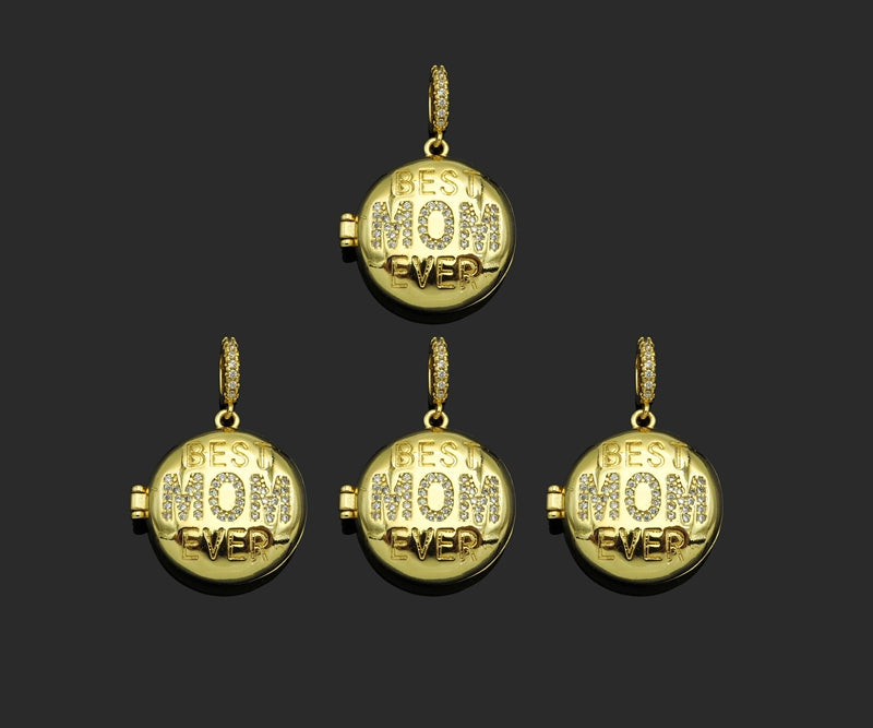 CZ Micro Pave Mom Open-Up Round Box Pendant in silver, 22x23mm, featuring sparkling micro pave details and a hinged design.