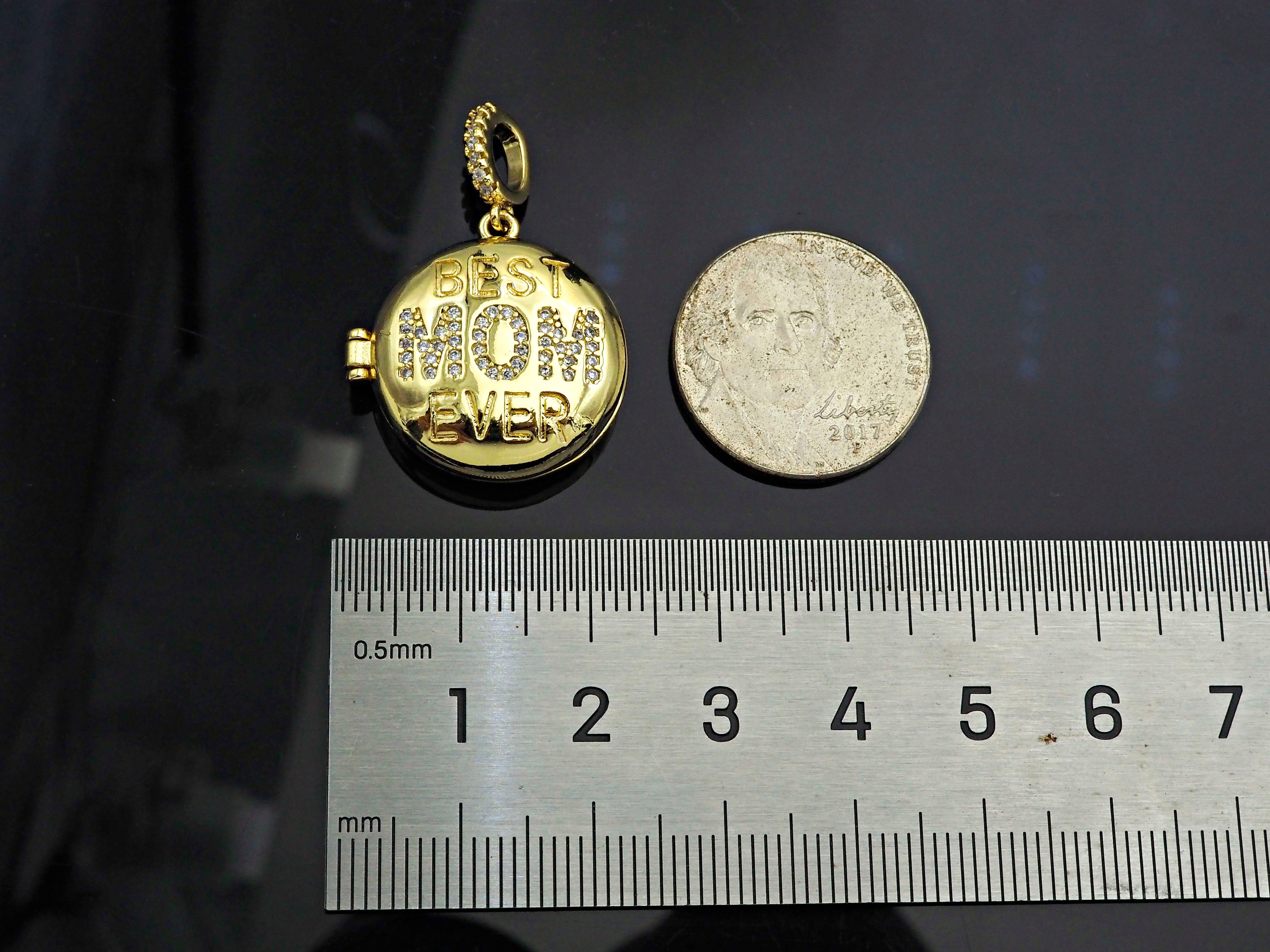 CZ Micro Pave Mom Pendant in round box shape, 22x23mm, from Bestbeads&Beyond, featuring sparkling micro pave detailing.