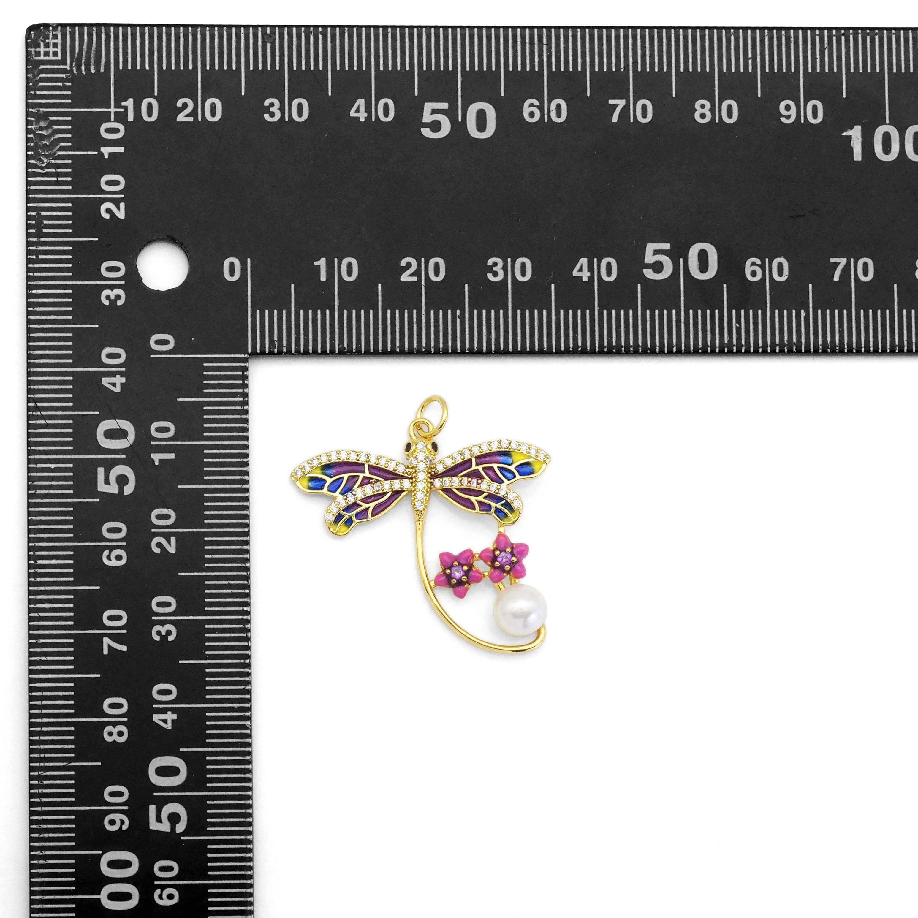 Enamel dragonfly pendant with pearl star charm, individual charm for jewelry making by Bestbeads&Beyond.