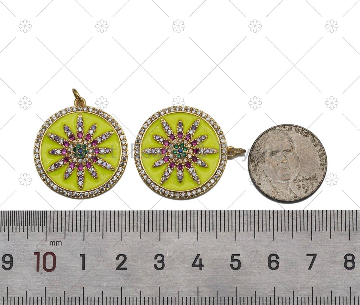 Enamel sunflower charm pendant from Bestbeads&Beyond, featuring vibrant yellow and green floral design for jewelry making.