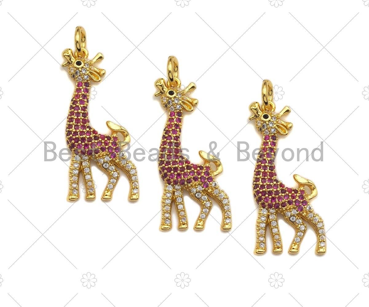 Fuchsia CZ micro pave giraffe charm for necklace or bracelet, cubic zirconia animal pendant, 14x30mm, from Bestbeads&Beyond.