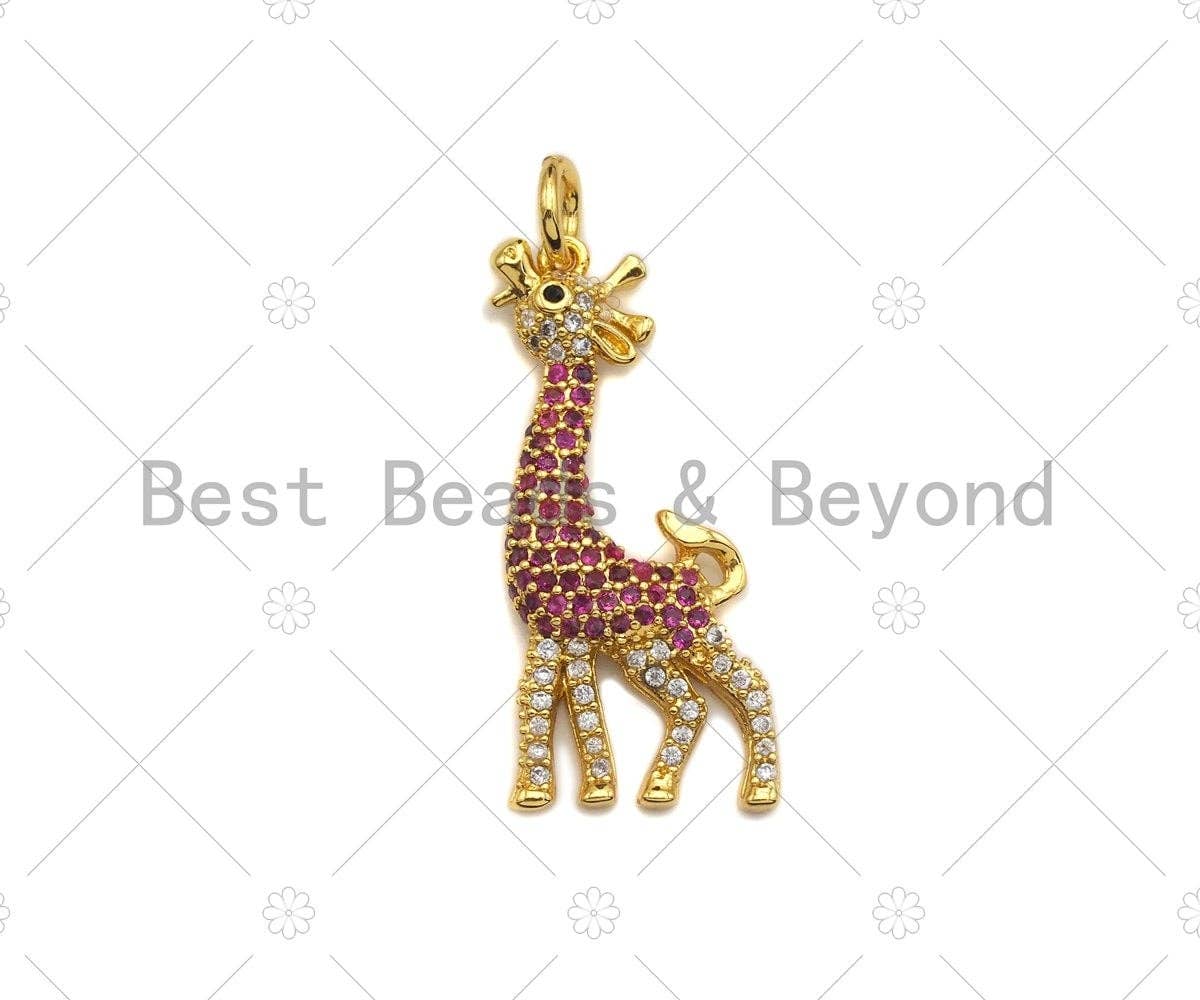 Fuchsia CZ micro pave giraffe charm for necklace or bracelet, cubic zirconia animal pendant, 14x30mm, from Bestbeads&Beyond
