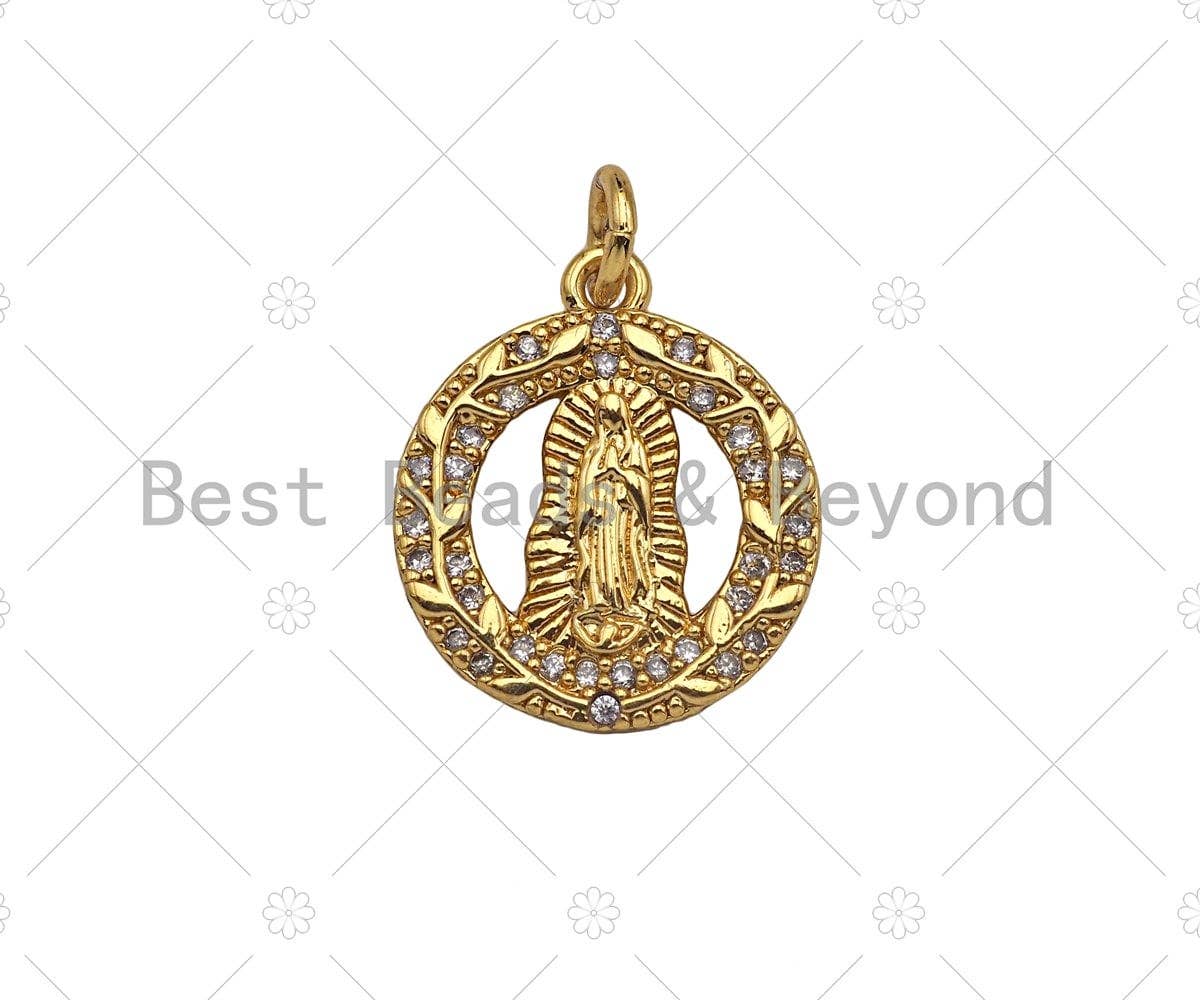 Gold-filled Virgin Mary pendant with CZ micro pave on garland shape, 15x18mm, ideal for necklace or bracelet jewelry.