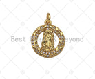 Gold-filled Virgin Mary pendant with CZ micro pave on garland shape, 15x18mm, ideal for necklace or bracelet jewelry.