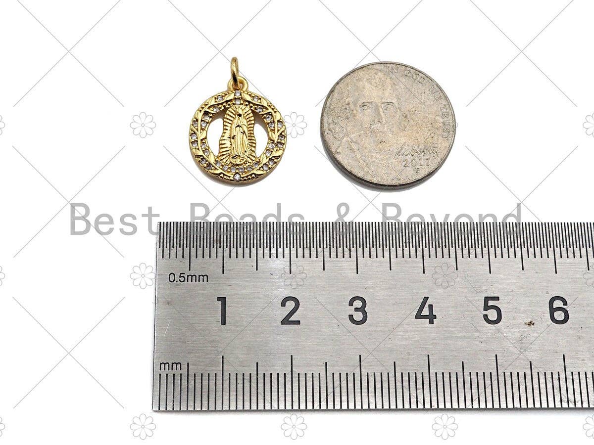 Gold filled Virgin Mary pendant with CZ pave details, 15x18mm garland shape charm for necklace or bracelet, by Bestbeads&Beyond.