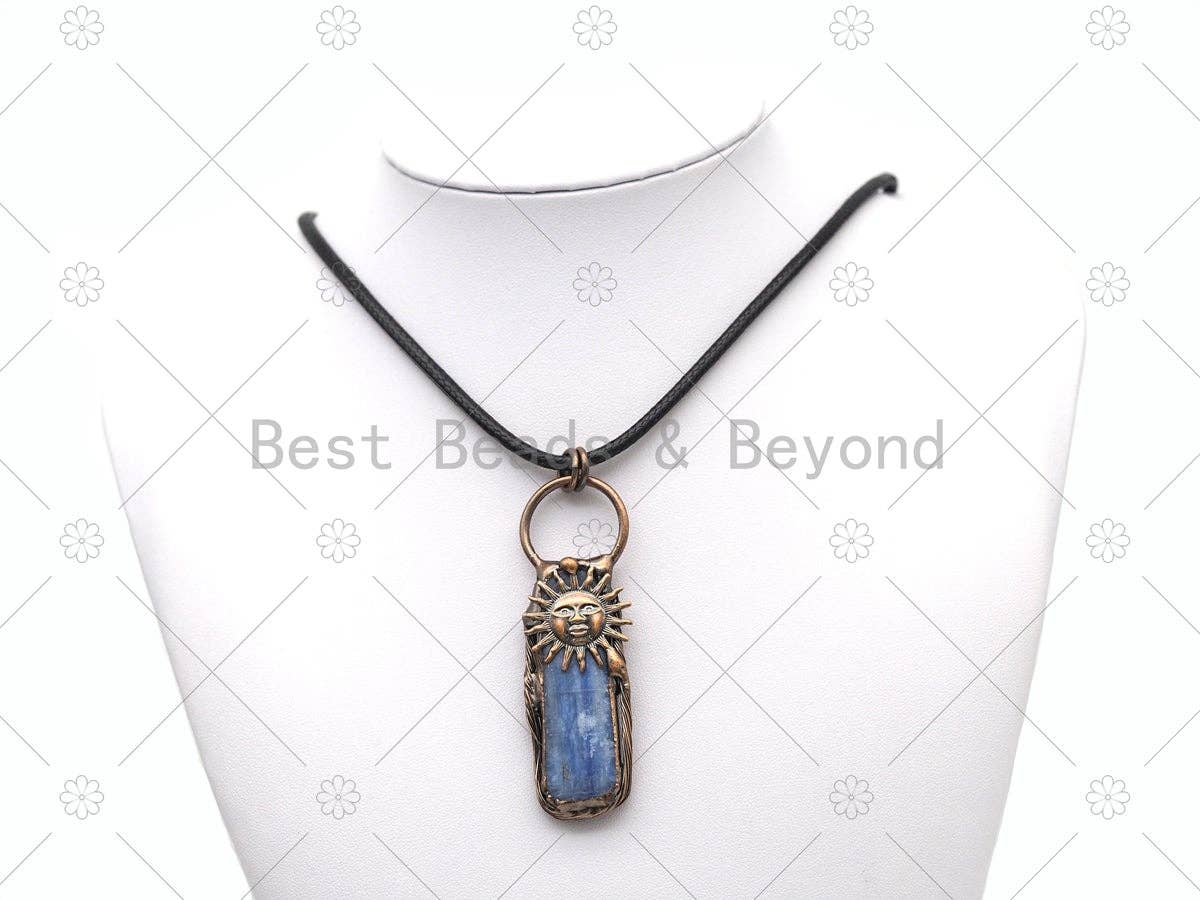 Blue Kyanite with sunflower pendant, individual charm by Bestbeads&Beyond, featuring vibrant blue stone and detailed sunflower design.