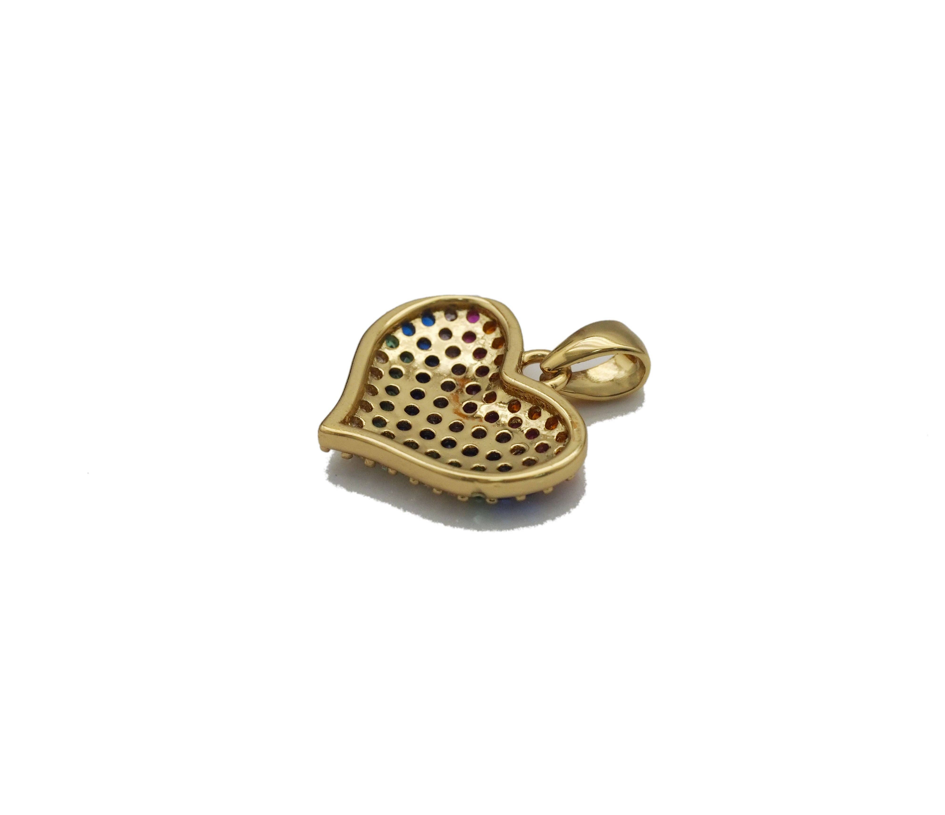 Rainbow CZ gold heart charm by Bestbeads & Beyond, showcasing a shiny gold pendant with colorful cubic zirconia accents.