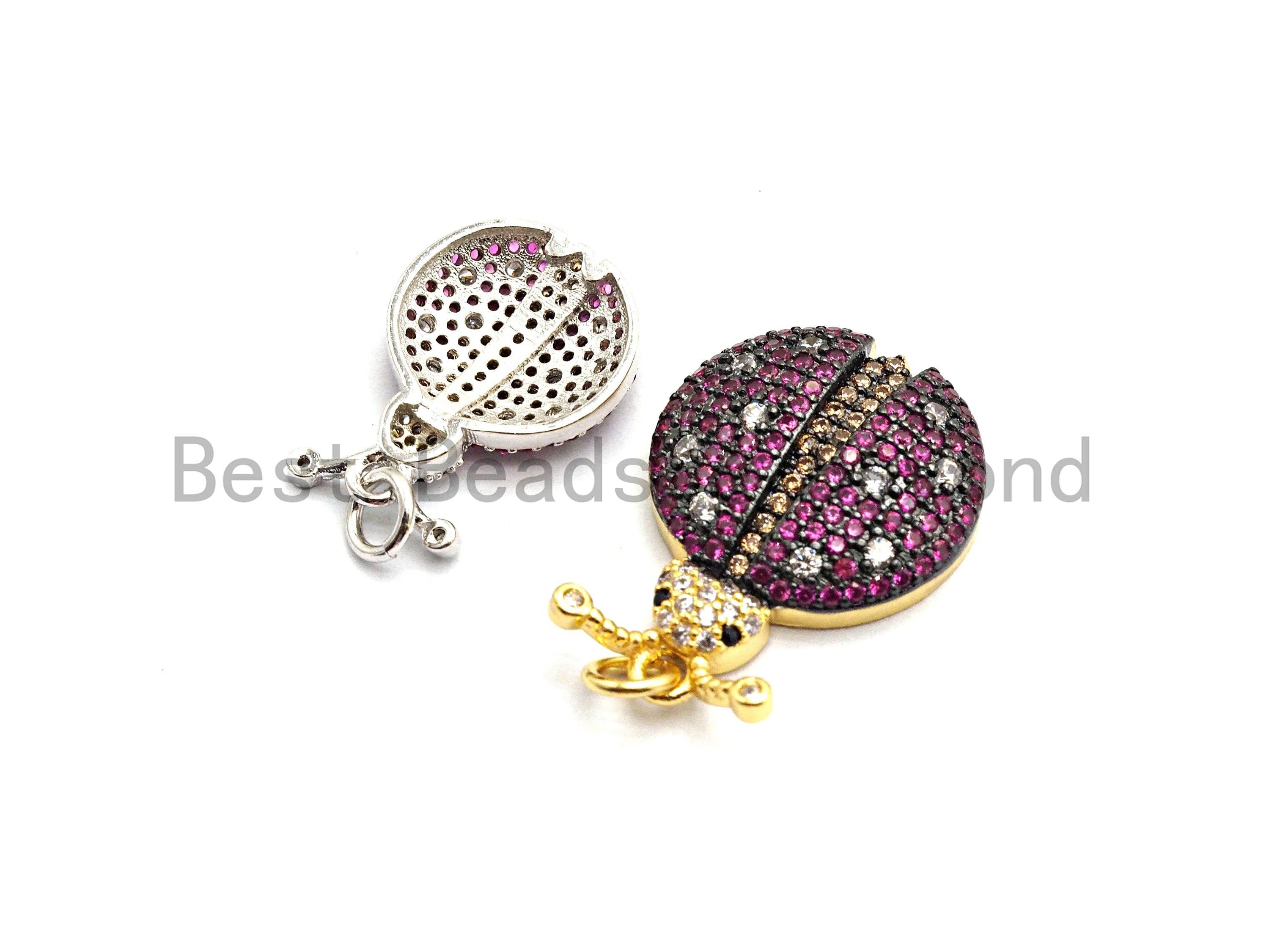 19mm CZ fuchsia color ladybird pendant, gold, silver, rose gold, or gunmetal plated, with micro pave detailing, from Bestbeads&Beyond.