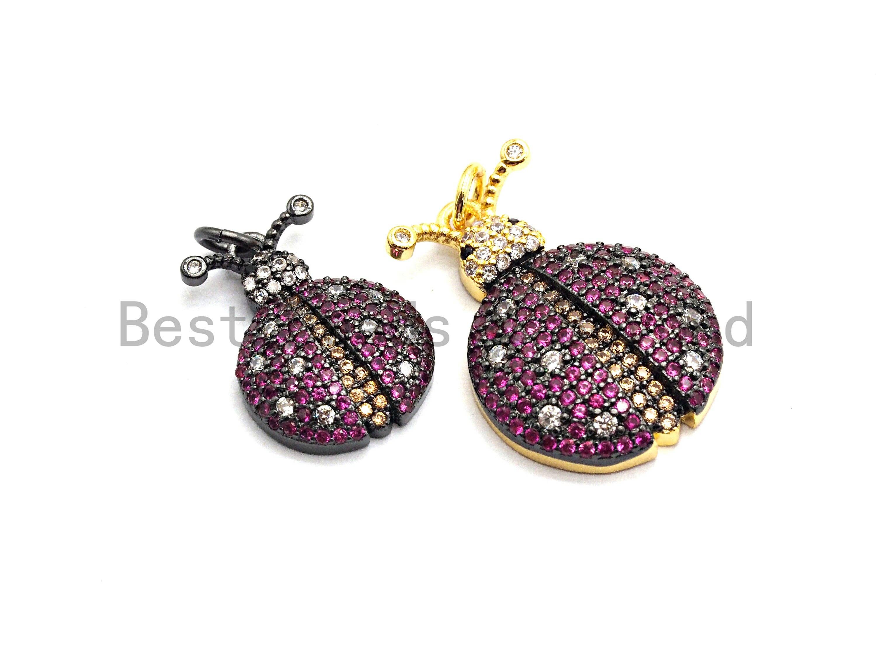 19mm CZ Fuchsia Ladybird Pendant charm in gold, silver, rose gold, and gunmetal plated with micro pave details.