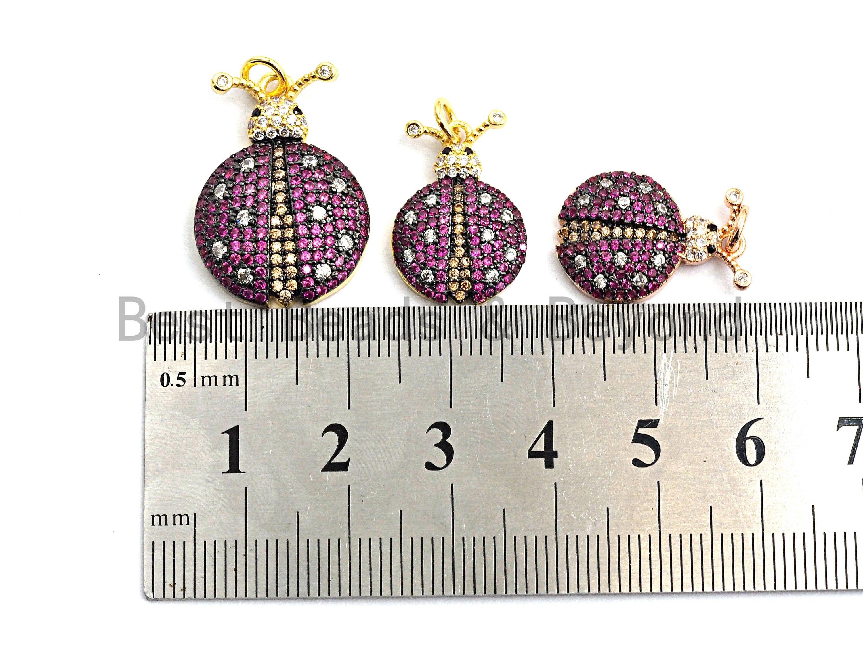 Fuchsia CZ Ladybird pendant with micro pave details in gold, silver, rose gold, and gunmetal plating, 19mm charm.