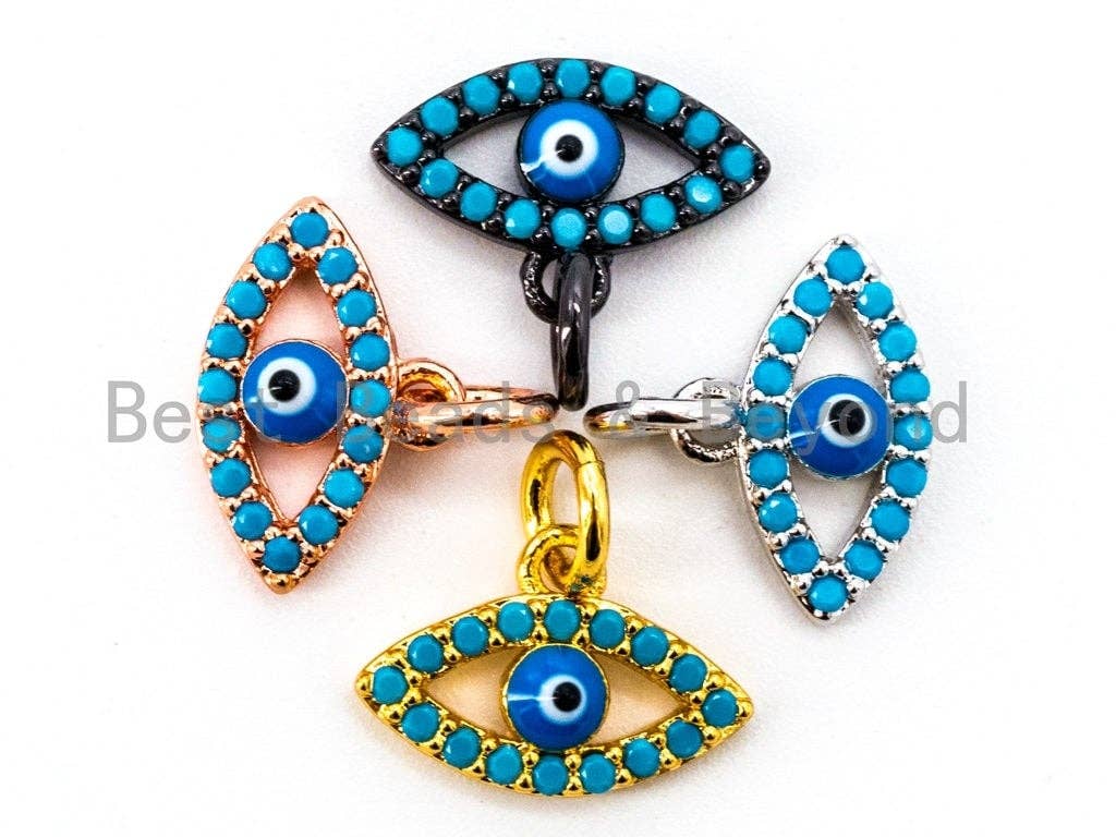 Gold CZ Micro Pave Blue Evil Eyes Pendant with turquoise cubic zirconia, 8x12mm charm for necklace or bracelet, bestbeads & beyond.