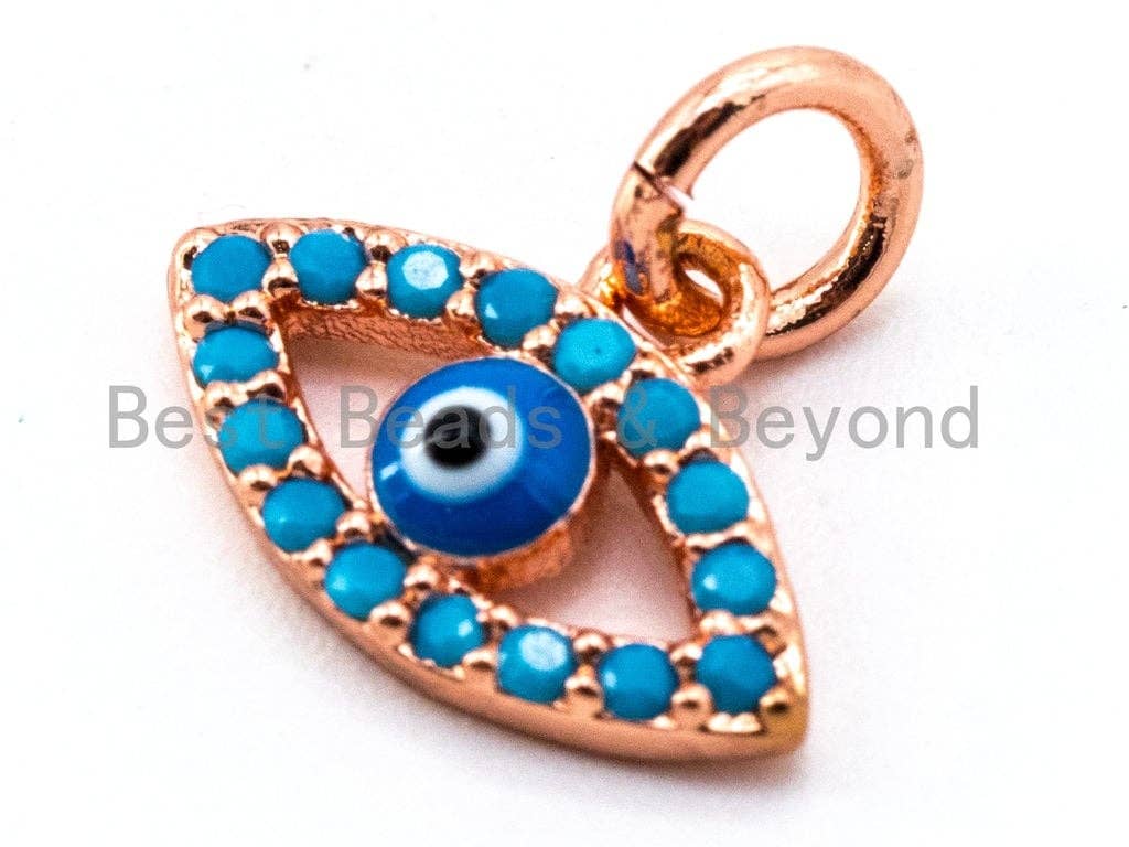 Gold CZ micro pave blue evil eye pendant with turquoise cubic zirconia, 8x12mm charm for necklace or bracelet.