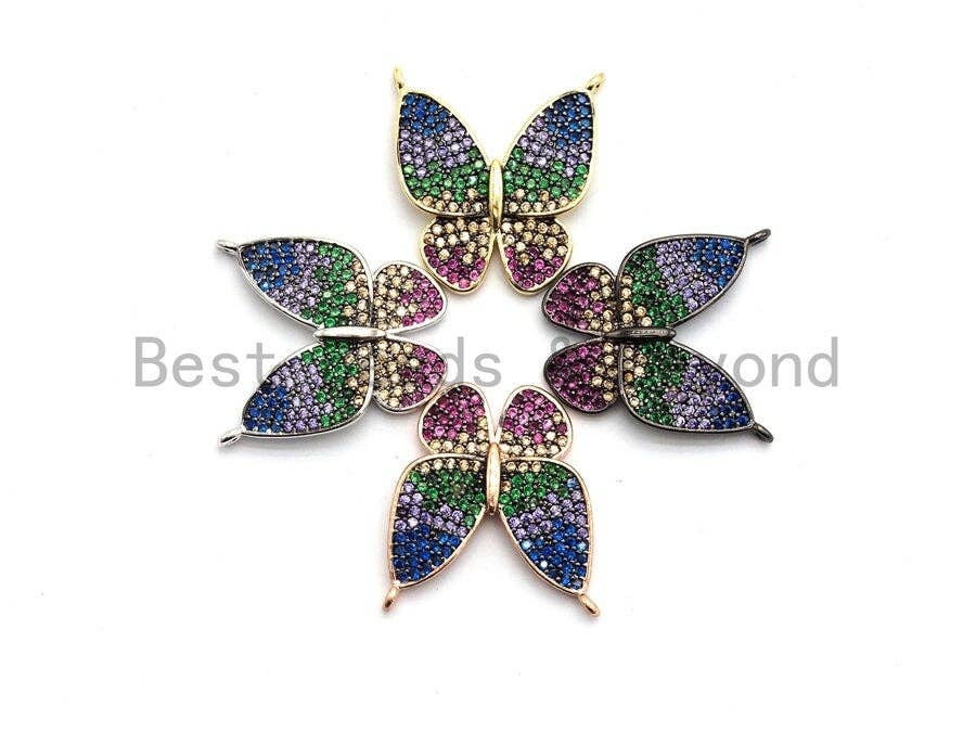 Colorful CZ micro pave butterfly pendant for necklaces, gold, rose gold, silver, or gunmetal plated, 19x20mm charm.