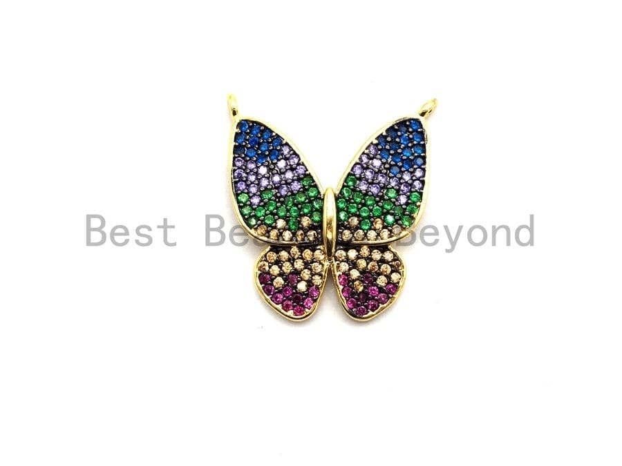 Colorful CZ micro pave butterfly pendant for necklace in gold, rose gold, silver, or gunmetal, 19x20mm charm.