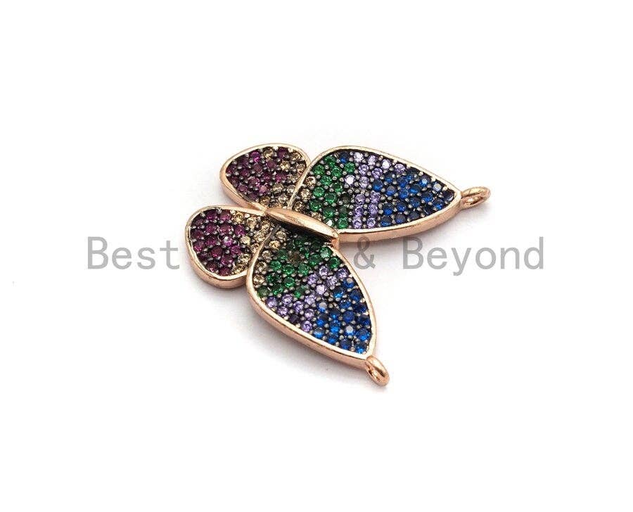 Colorful CZ micro pave butterfly pendant for necklaces, gold, rose gold, silver, or gunmetal plated, 19x20mm charm.