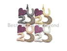 Fuchsia CZ micro pave love pendant featuring "Love U To the Moon" design in gold, rose gold, silver, or gunmetal, 34x35mm.
