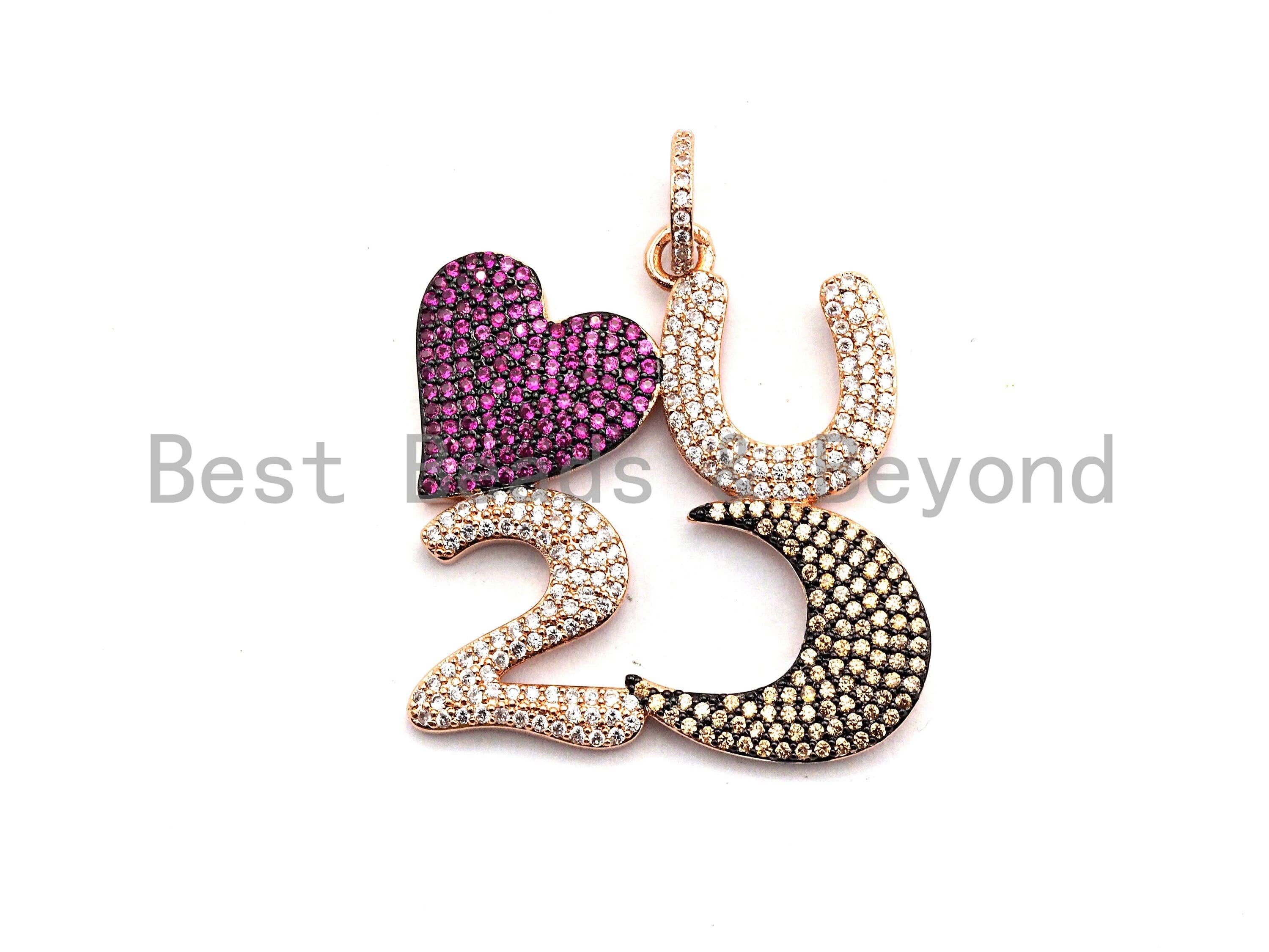 Fuchsia CZ Micro Pave LOVE U to the Moon pendant in gold, rose gold, silver, or gunmetal, featuring a love charm design.