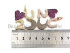 Fuchsia CZ Micro Pave LOVE U To the Moon pendant in gold, rose gold, silver, or gunmetal with love charm, 34x35mm.