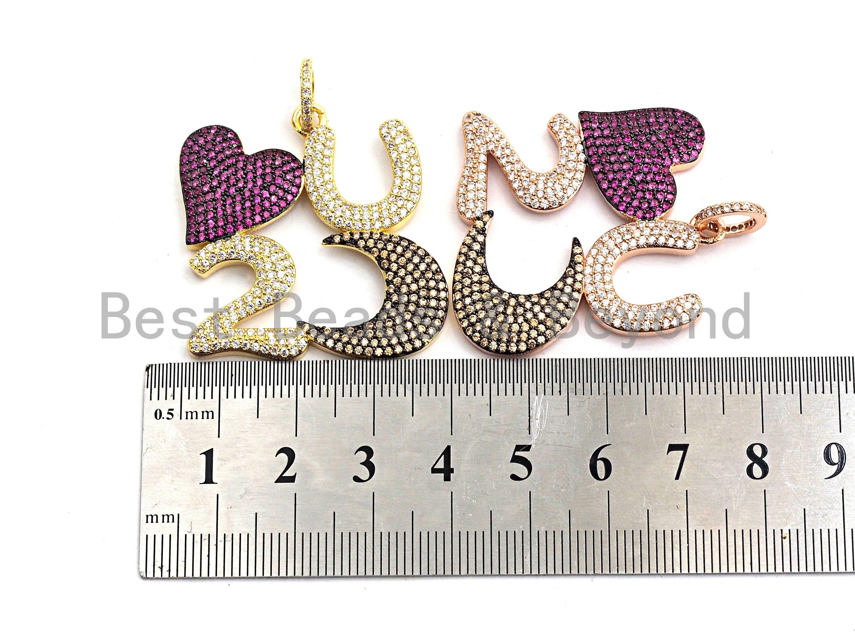 Fuchsia CZ Micro Pave LOVE U To the Moon pendant in gold, rose gold, silver, or gunmetal with love charm, 34x35mm.