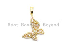 Gold CZ Micro Pave Butterfly Pendant with Baguette CZ cluster, 29x31mm, silver, black, or rose gold plated jewelry charm.