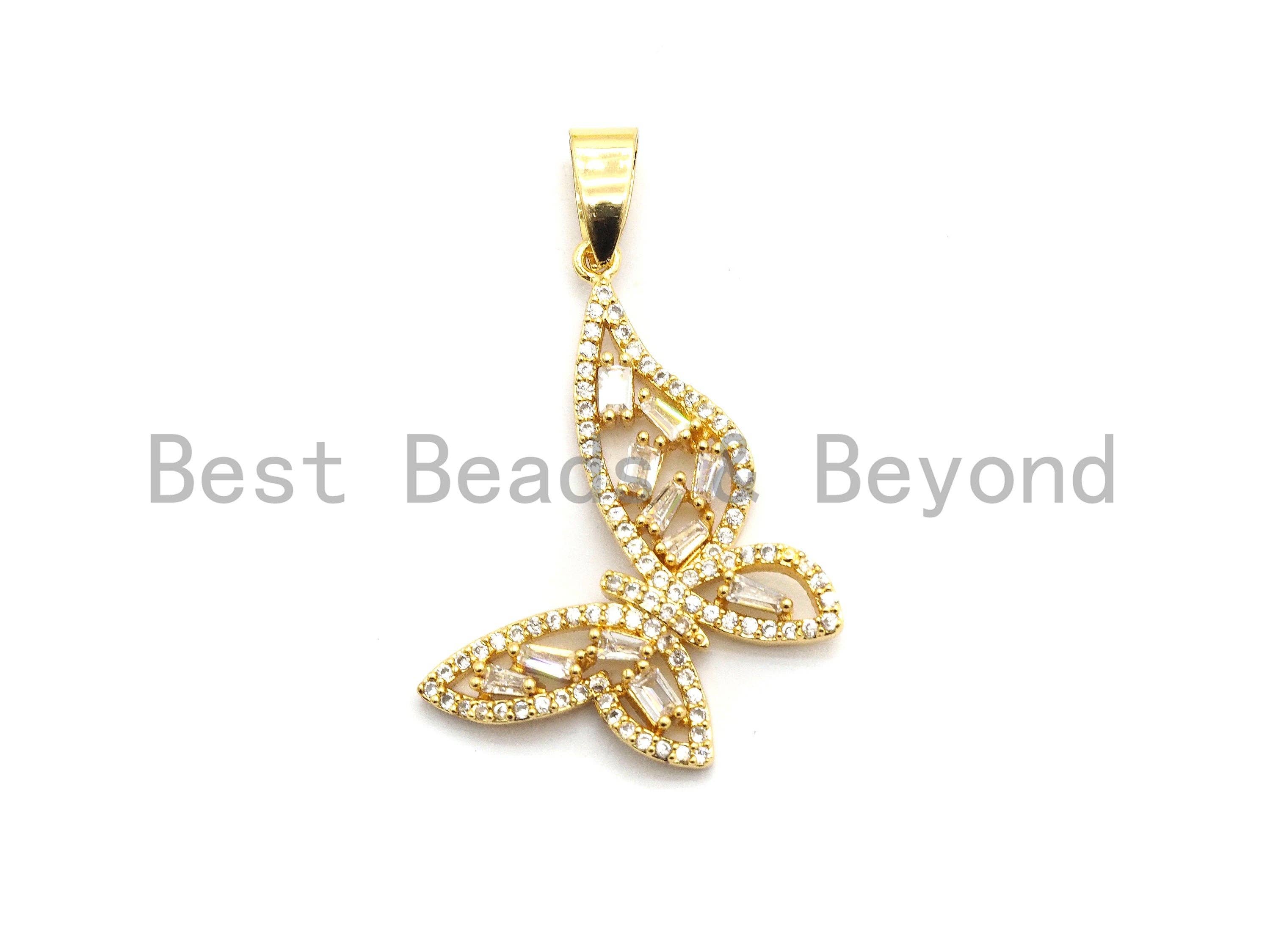 Gold CZ Micro Pave Butterfly Pendant with Baguette CZ cluster, 29x31mm, silver, black, or rose gold plated jewelry charm.