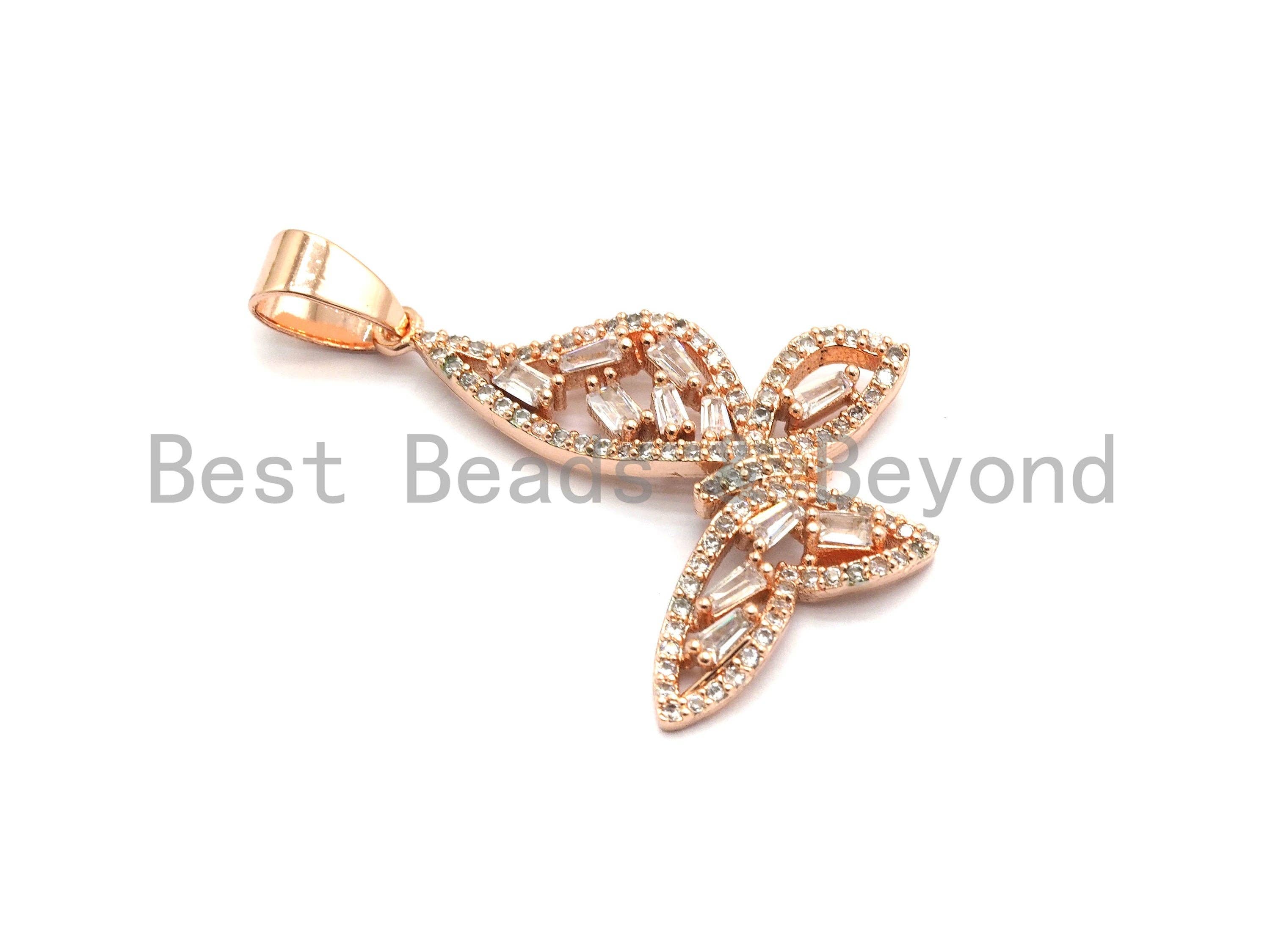 Gold CZ Micro Pave Butterfly Pendant with Baguette CZ cluster, 29x31mm, plated jewelry, perfect for charm or necklace embellishment.