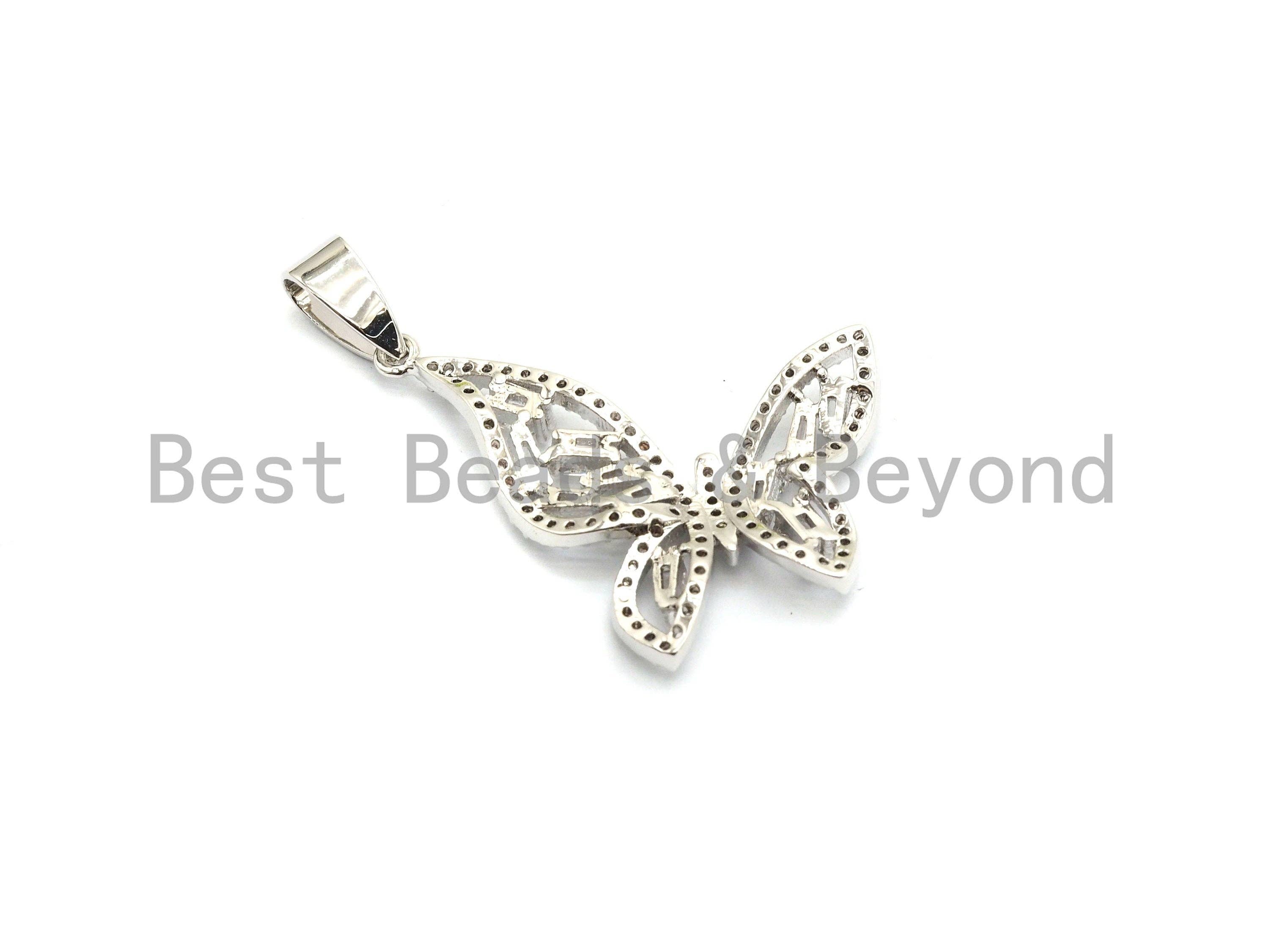 Gold butterfly-shaped pendant with micro pave CZ and baguette CZ cluster, 29x31mm, rose gold plated jewelry.