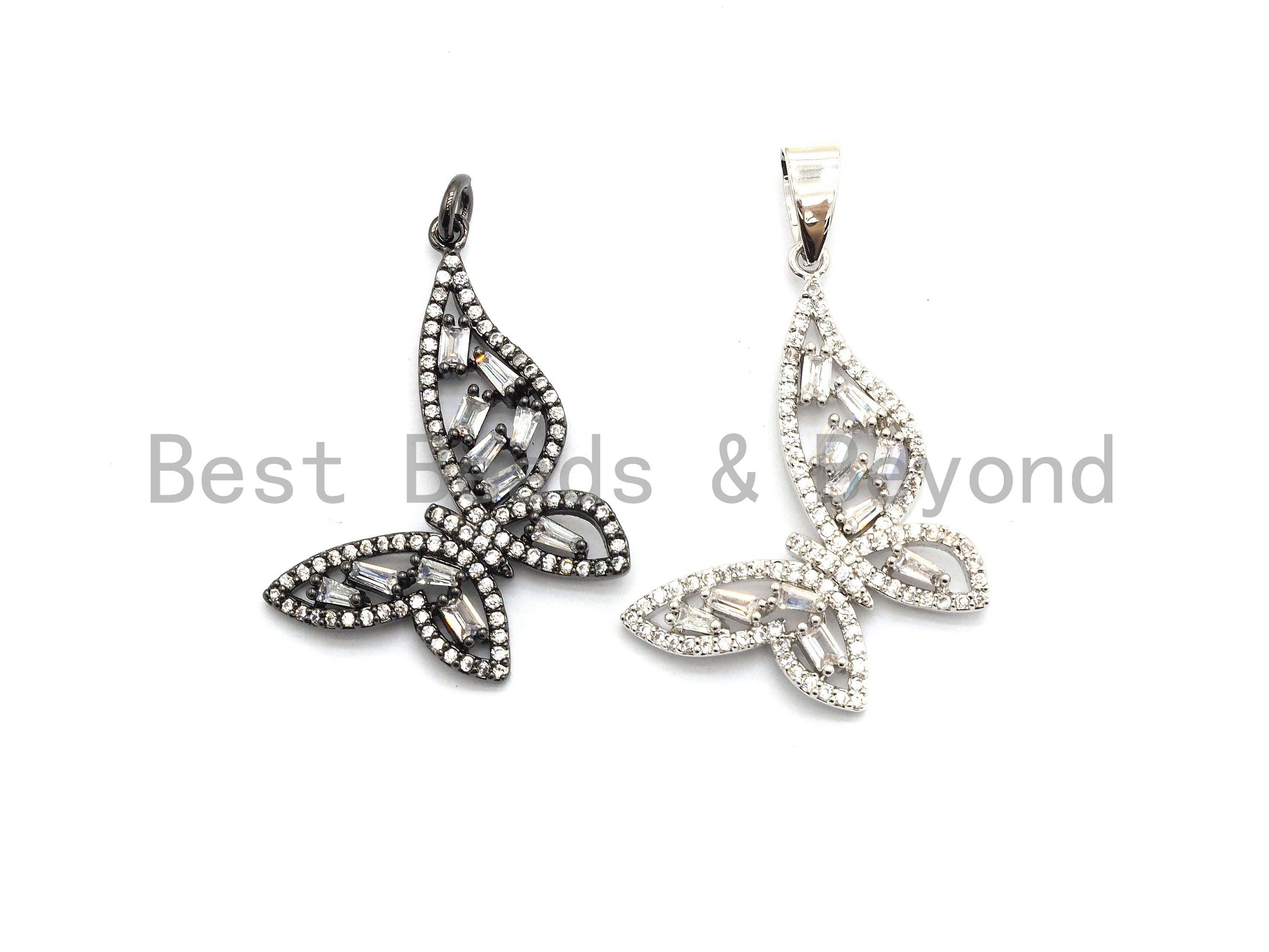 Gold CZ butterfly pendant with micro pave and baguette CZ cluster, 29x31mm, silver, black, or rose gold plated jewelry.