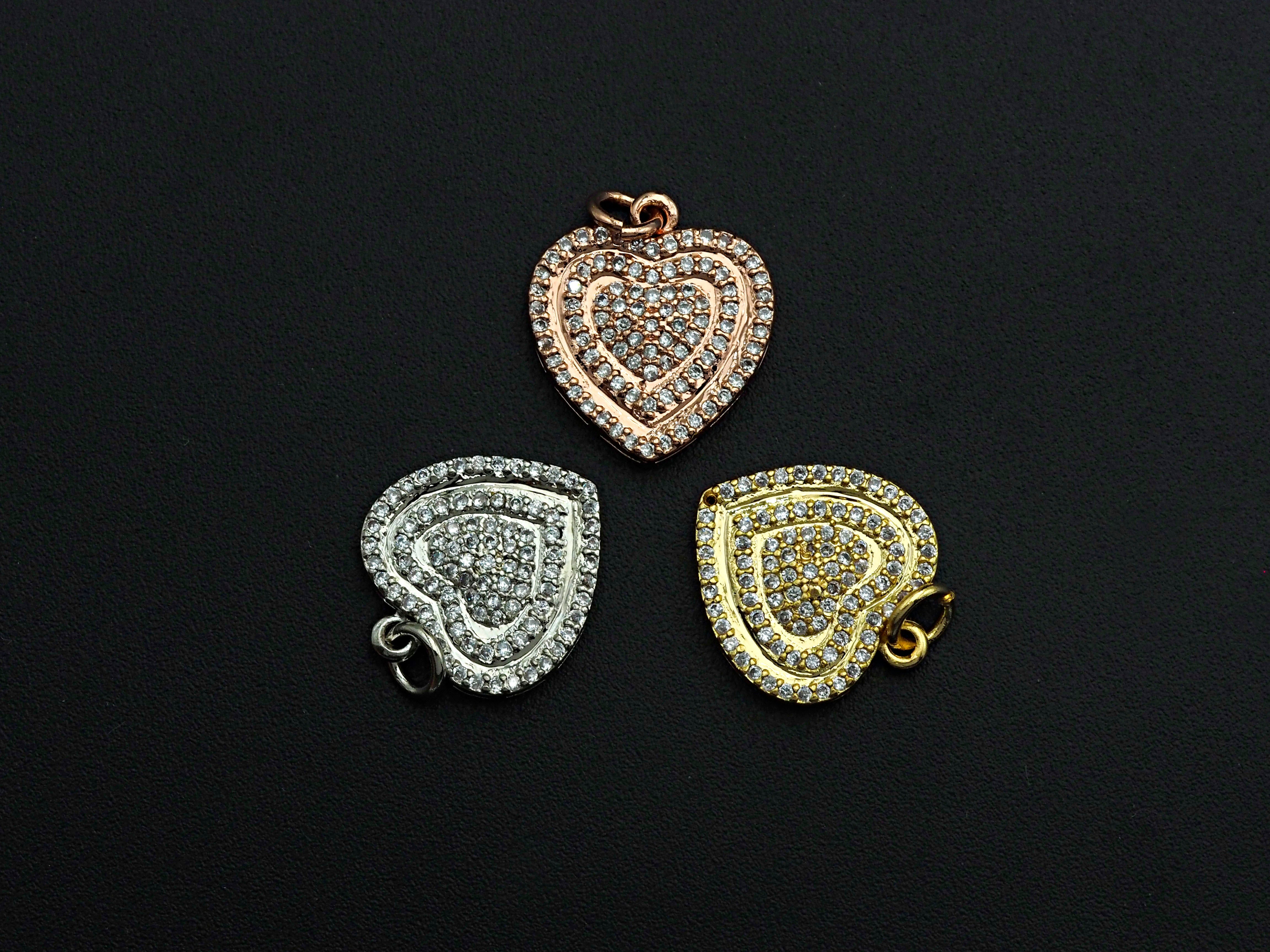 Gold CZ Micro Pave Heart-Shaped Pendant charm, 15x22mm, featuring cubic zirconia in a circled heart design, by Bestbeads&Beyond.