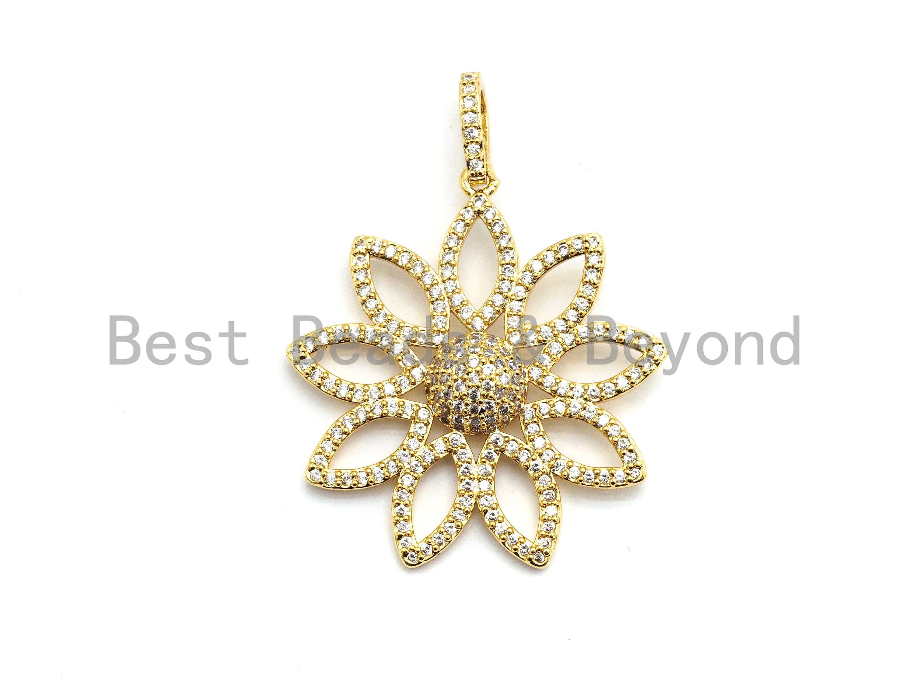 Gold, silver, black, or rose gold CZ Micro Pave filigree flower pendant, hollow-out, 30x32mm, jewelry findings.