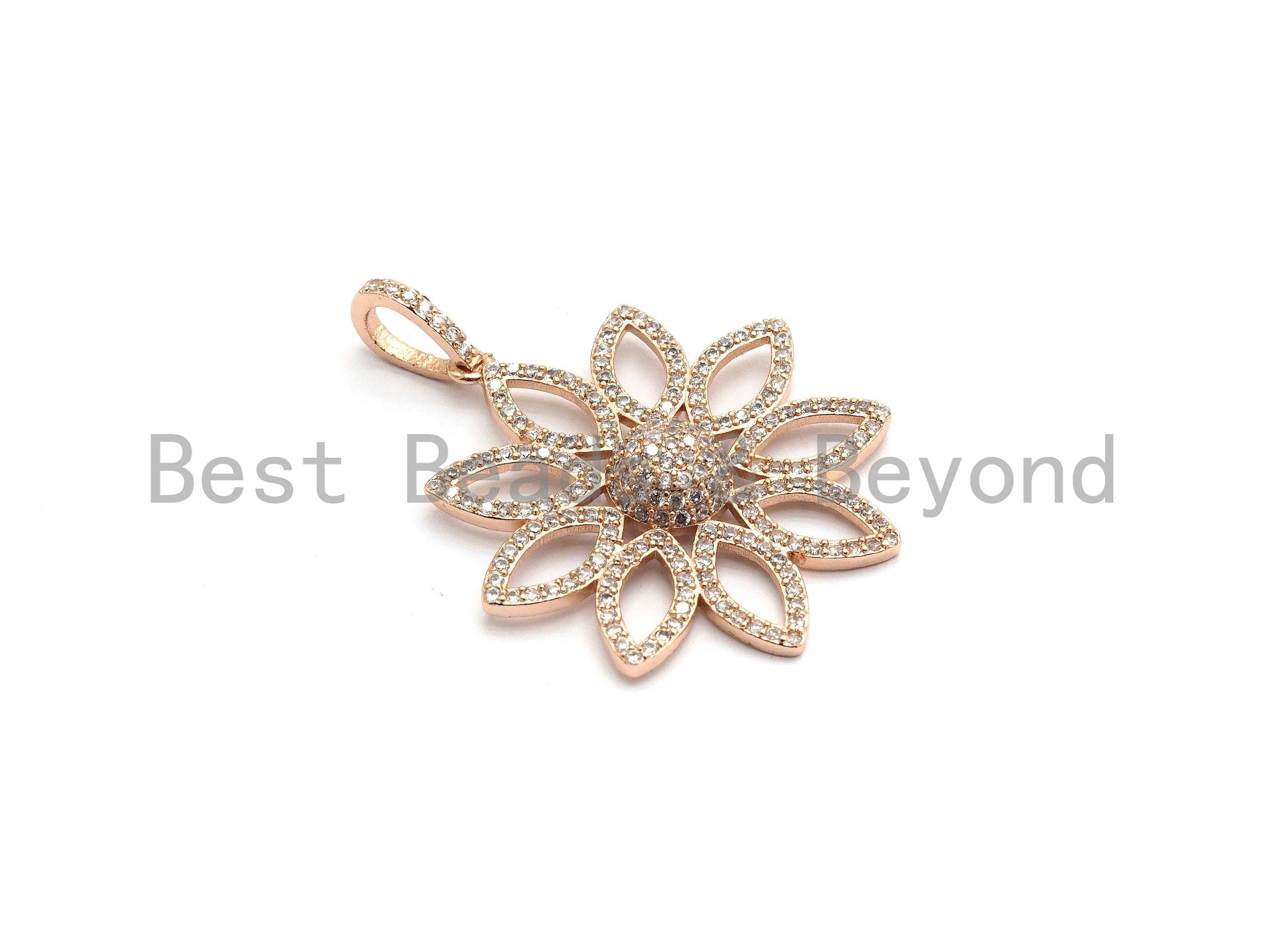 Gold, silver, black, or rose gold CZ micro pave filigree flower pendant, hollow-out design, 30x32mm, jewelry findings.