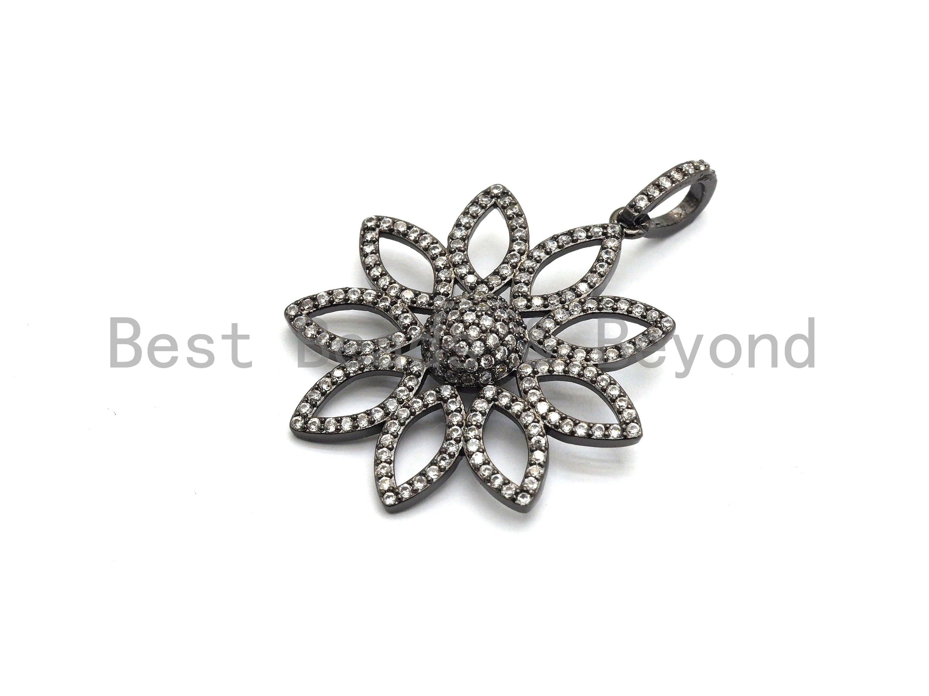 Gold, silver, black, or rose gold CZ micro pave filigree flower pendant, 30x32mm hollow-out cubic zirconia jewelry finding.