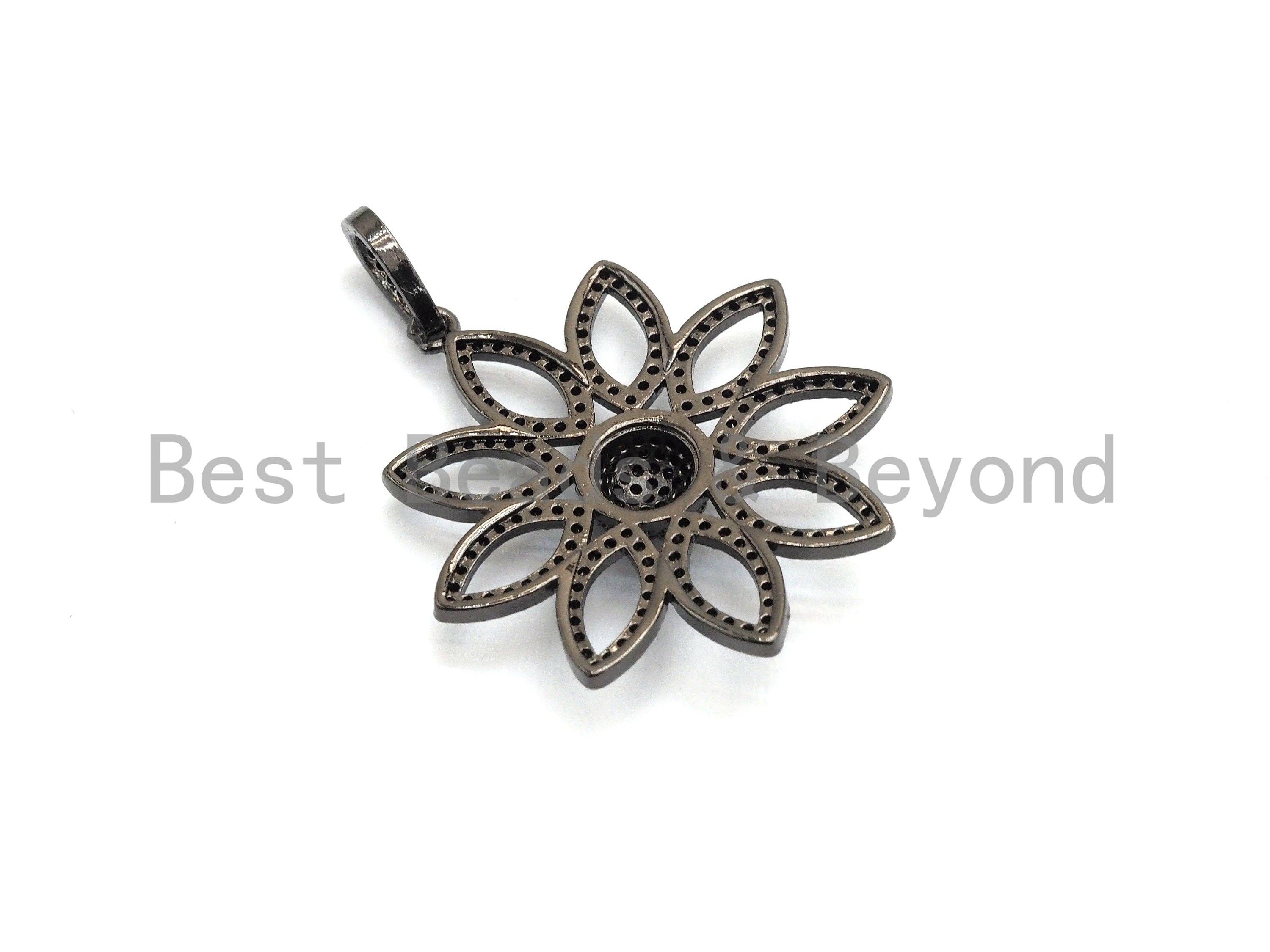 Gold, silver, black, or rose gold CZ micro pave filigree flower pendant, hollow out cubic zirconia jewelry findings, 30x32mm.