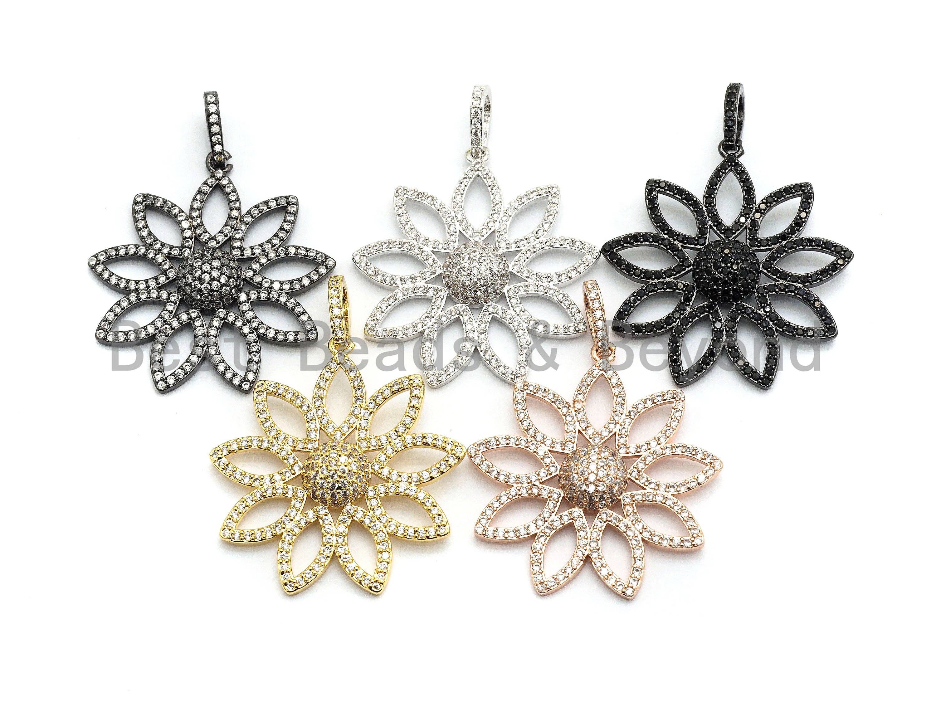 CZ Micro Pave Filigree flower pendant in gold, silver, black, or rose gold with hollow-out cubic zirconia, 30x32mm.