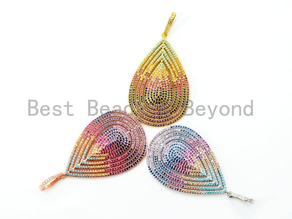 CZ Micro Pave Mixed Color Teardrop Pendant in gold, silver, or rose gold finish, featuring cubic zirconia stones, 60x31mm.