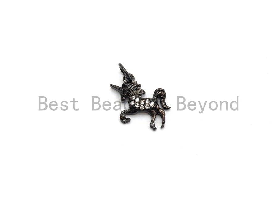 Gold CZ micro pave unicorn pendant charm for necklaces or bracelets, 12x14mm, ideal for kids' jewelry and DIY jewelry making.