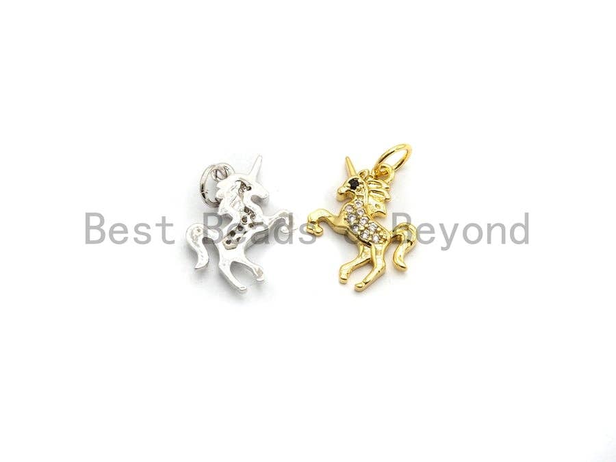 Gold CZ Micro Pave Unicorn Pendant Charm for Necklace or Bracelet, 12x14mm, Cubic Zirconia Kids Jewelry Charm